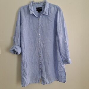 Tahari Essentials Light Blue 100% Linen Roll Tab Sleeve Button Down Tunic‎ 2X
